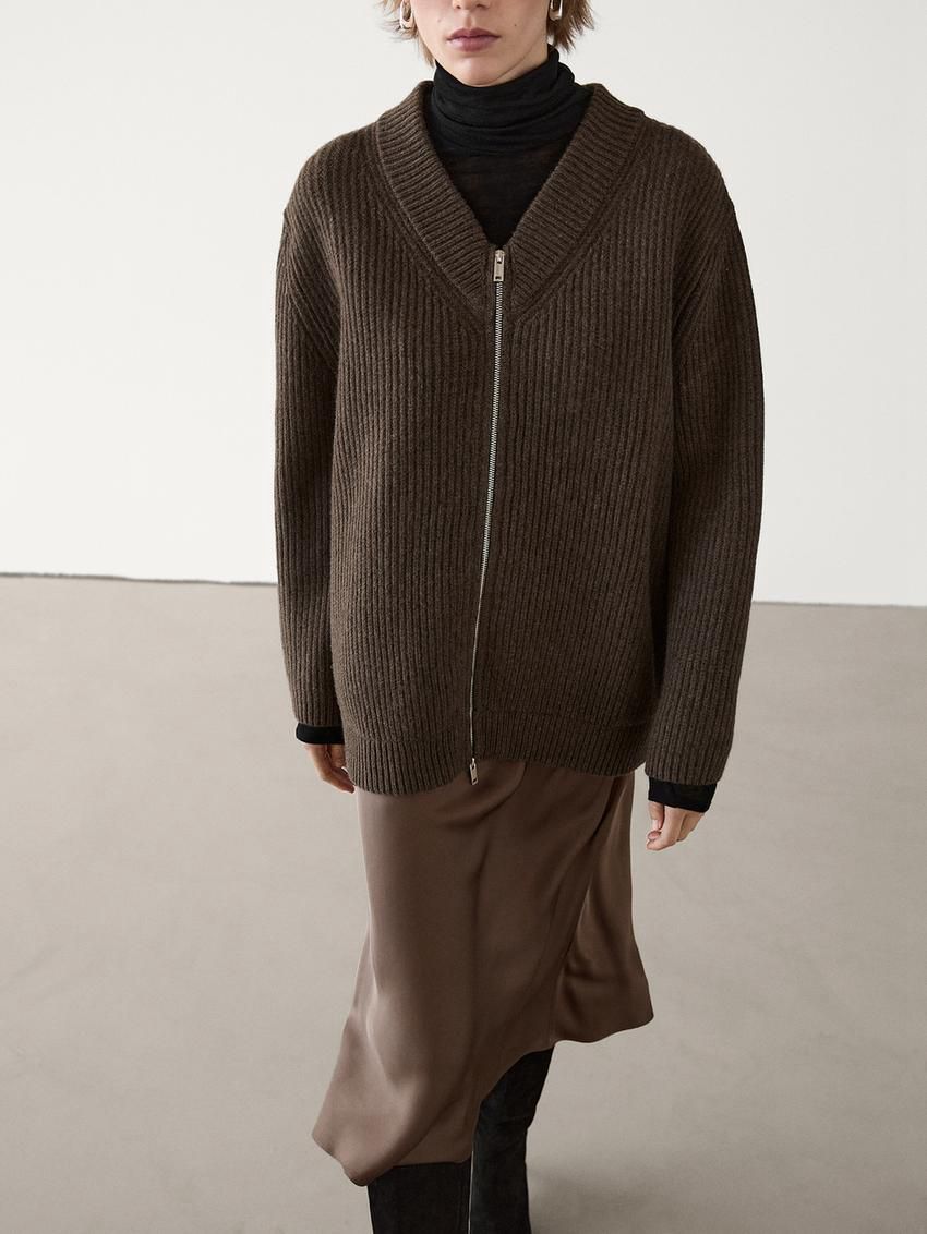 Massimo Dutti Wool V-neck Women Cardigan Dark Brown | US-RZ0597683