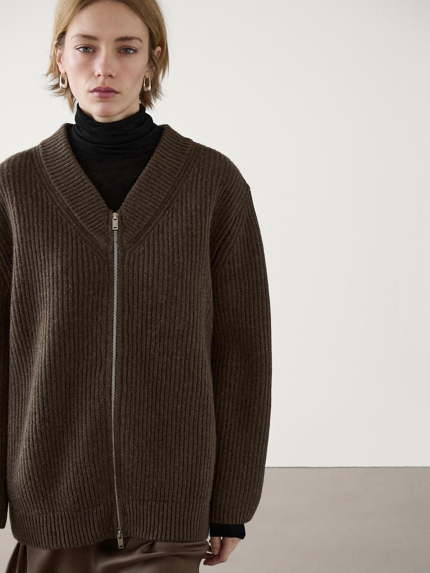 Massimo Dutti Wool V-neck Women Cardigan Dark Brown | US-RZ0597683