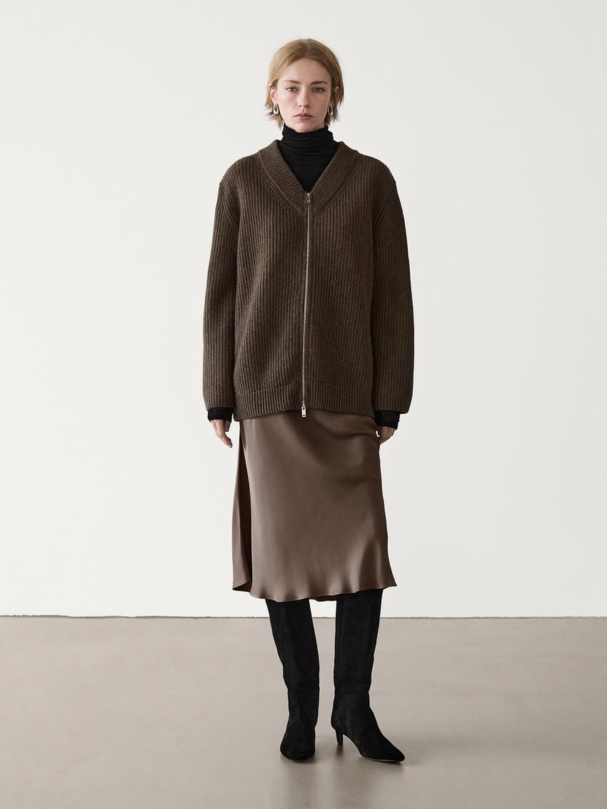 Massimo Dutti Wool V-neck Women Cardigan Dark Brown | US-RZ0597683