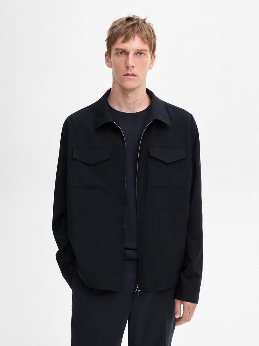 Massimo Dutti Wool With Chest Pocket Men Jacket Navy | US-IH7162958