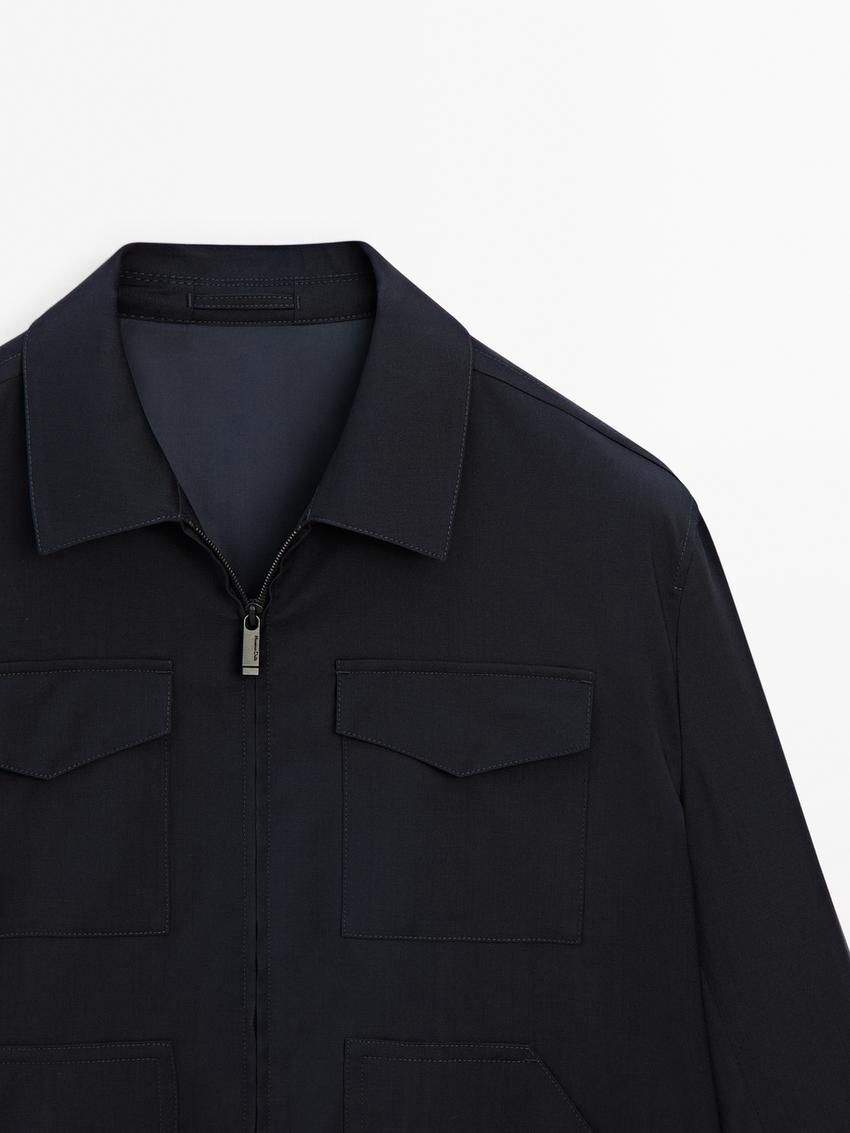 Massimo Dutti Wool With Chest Pocket Men Jacket Navy | US-IH7162958