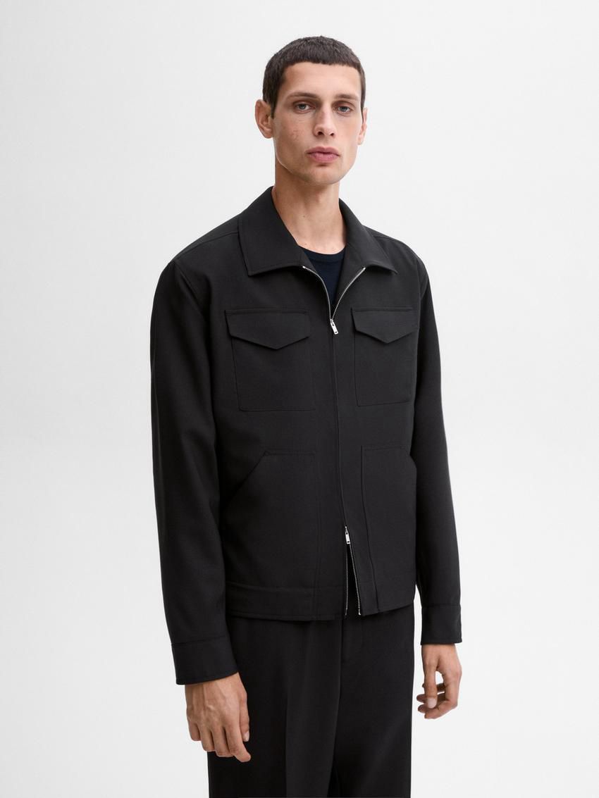 Massimo Dutti Wool With Chest Pocket Men Jacket Black | US-LF0984231