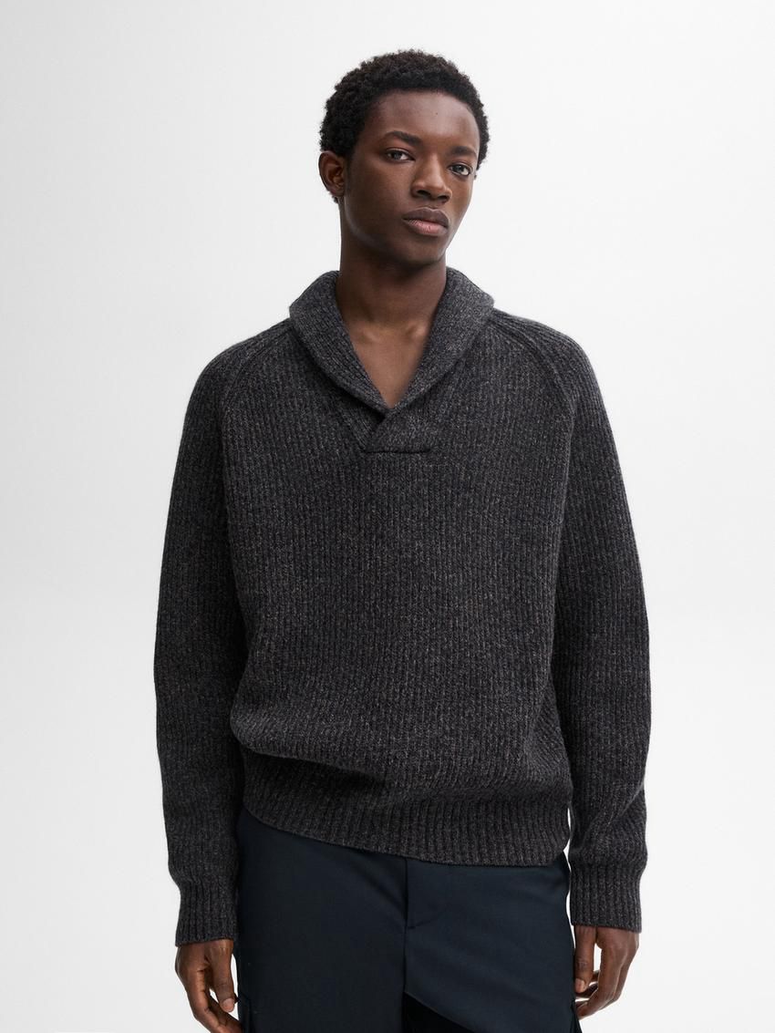Massimo Dutti Wool With Collar Detail Men Sweater Dark Grey | US-JX6950142