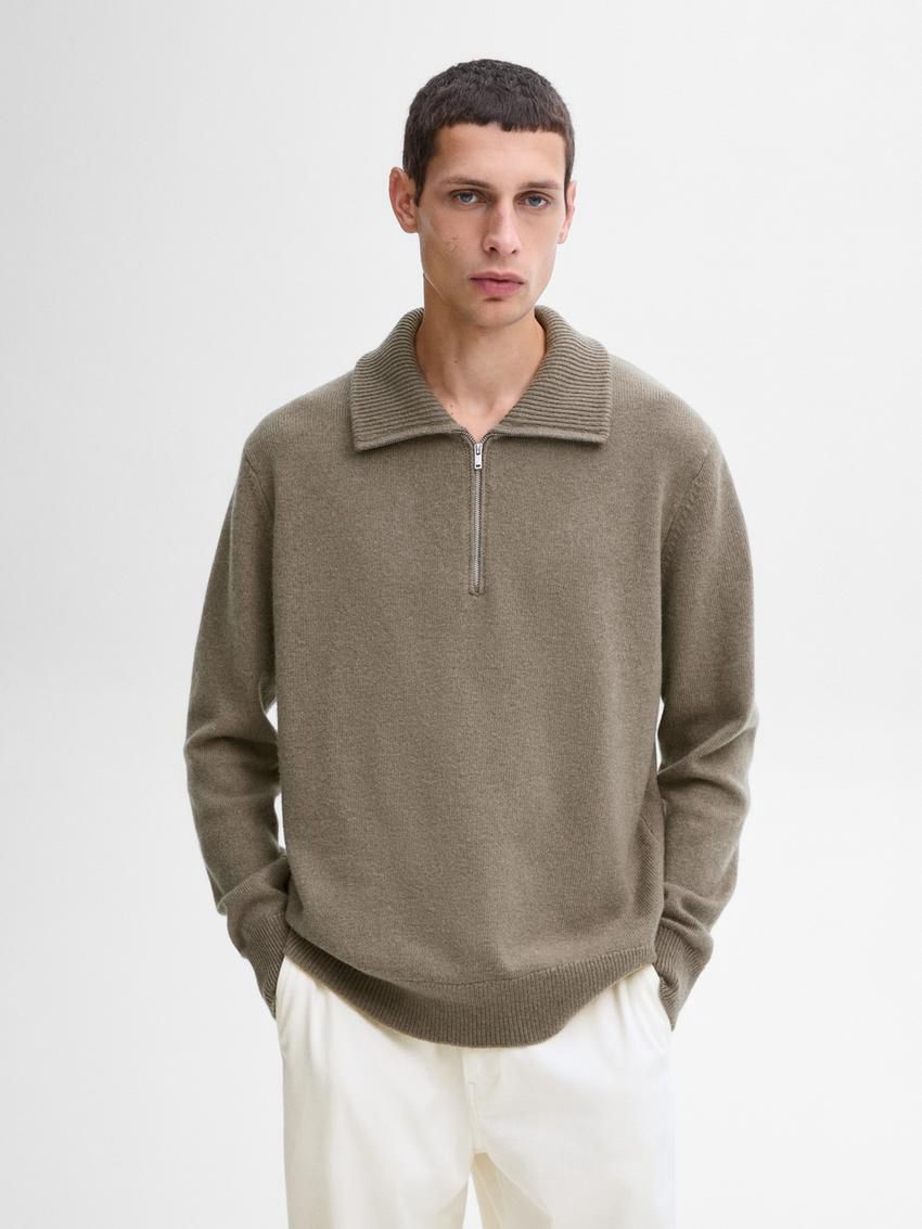 Massimo Dutti Wool With Mock Neck Men Sweater Khaki | US-IV3286017