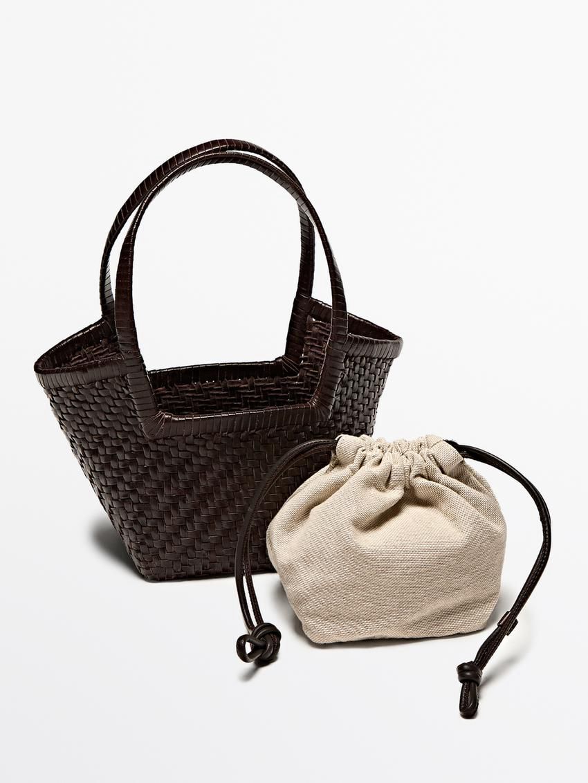 Massimo Dutti Woven Leather Mini Bag Women Tote Bag Dark Brown | US-TC7659824