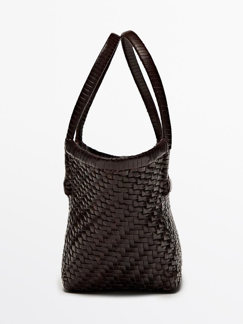Massimo Dutti Woven Leather Mini Bag Women Tote Bag Dark Brown | US-TC7659824