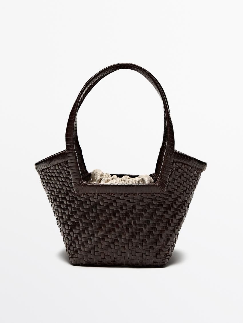 Massimo Dutti Woven Leather Mini Bag Women Tote Bag Dark Brown | US-TC7659824