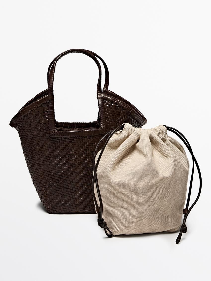 Massimo Dutti Woven Leather Women Tote Bag Dark Brown | US-VK4657803