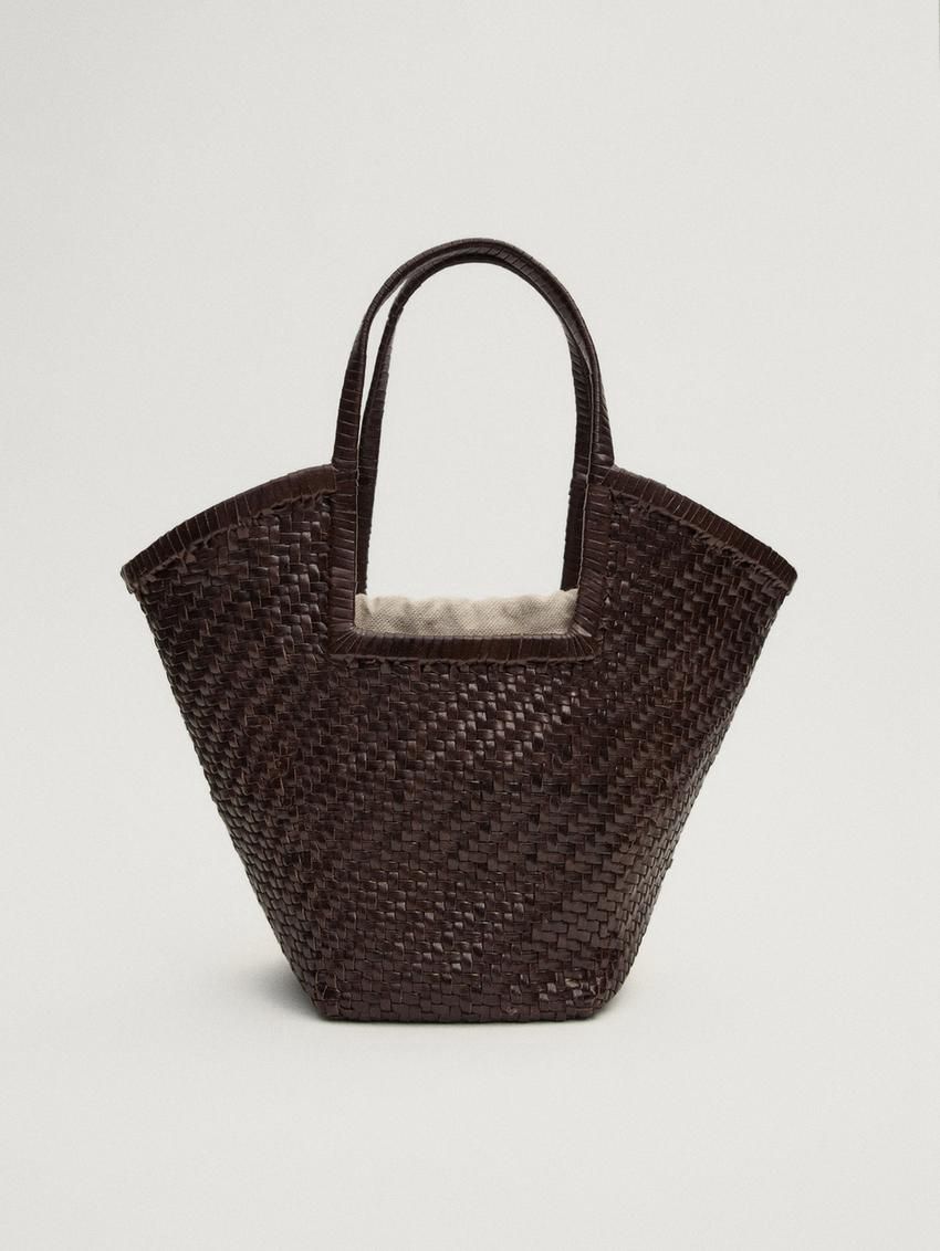 Massimo Dutti Woven Leather Women Tote Bag Dark Brown | US-VK4657803