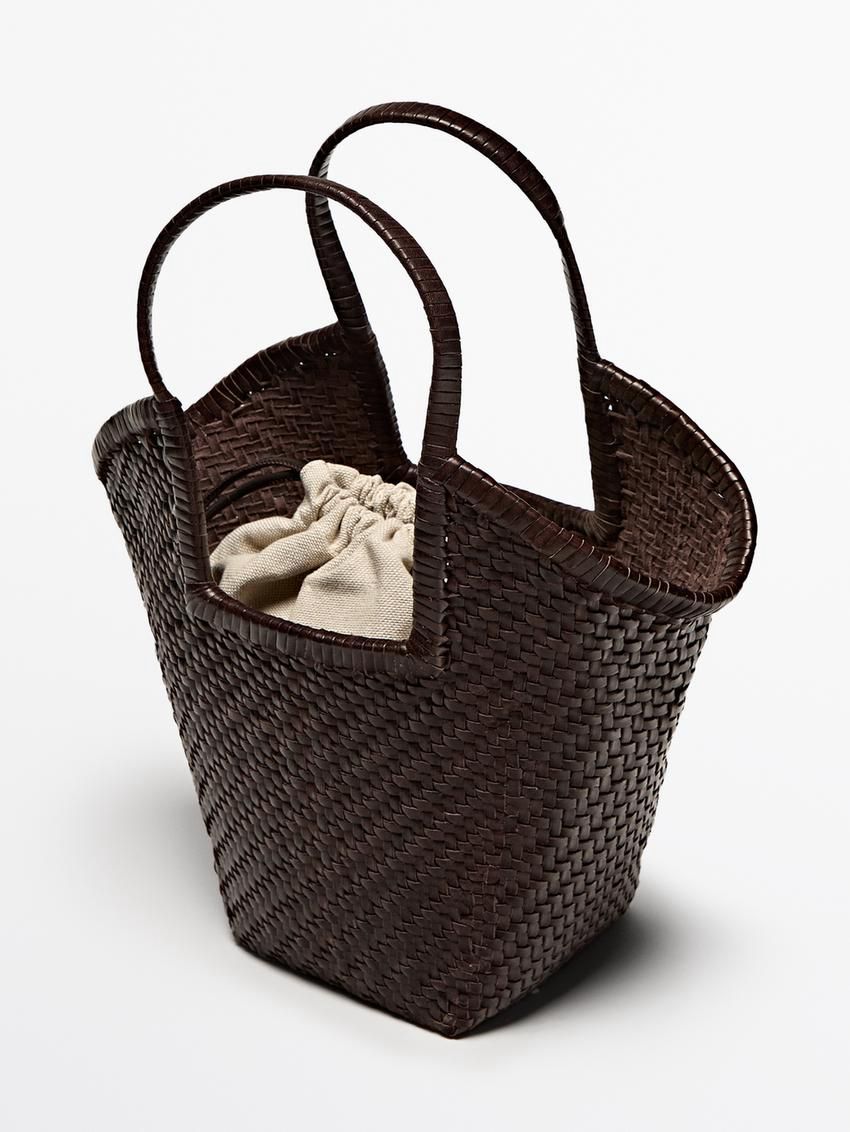 Massimo Dutti Woven Leather Women Tote Bag Dark Brown | US-VK4657803