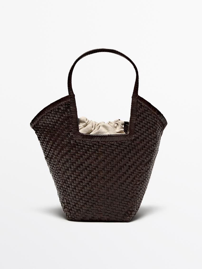 Massimo Dutti Woven Leather Women Tote Bag Dark Brown | US-VK4657803