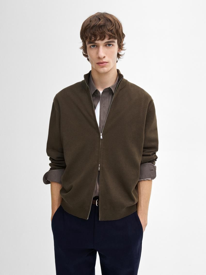 Massimo Dutti Zip-up Knit With Cotton Men Cardigan Dark Khaki | US-OT4187206
