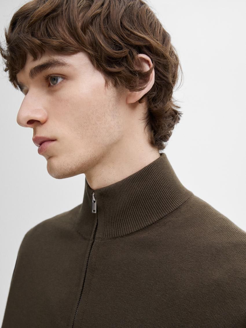 Massimo Dutti Zip-up Knit With Cotton Men Cardigan Dark Khaki | US-OT4187206