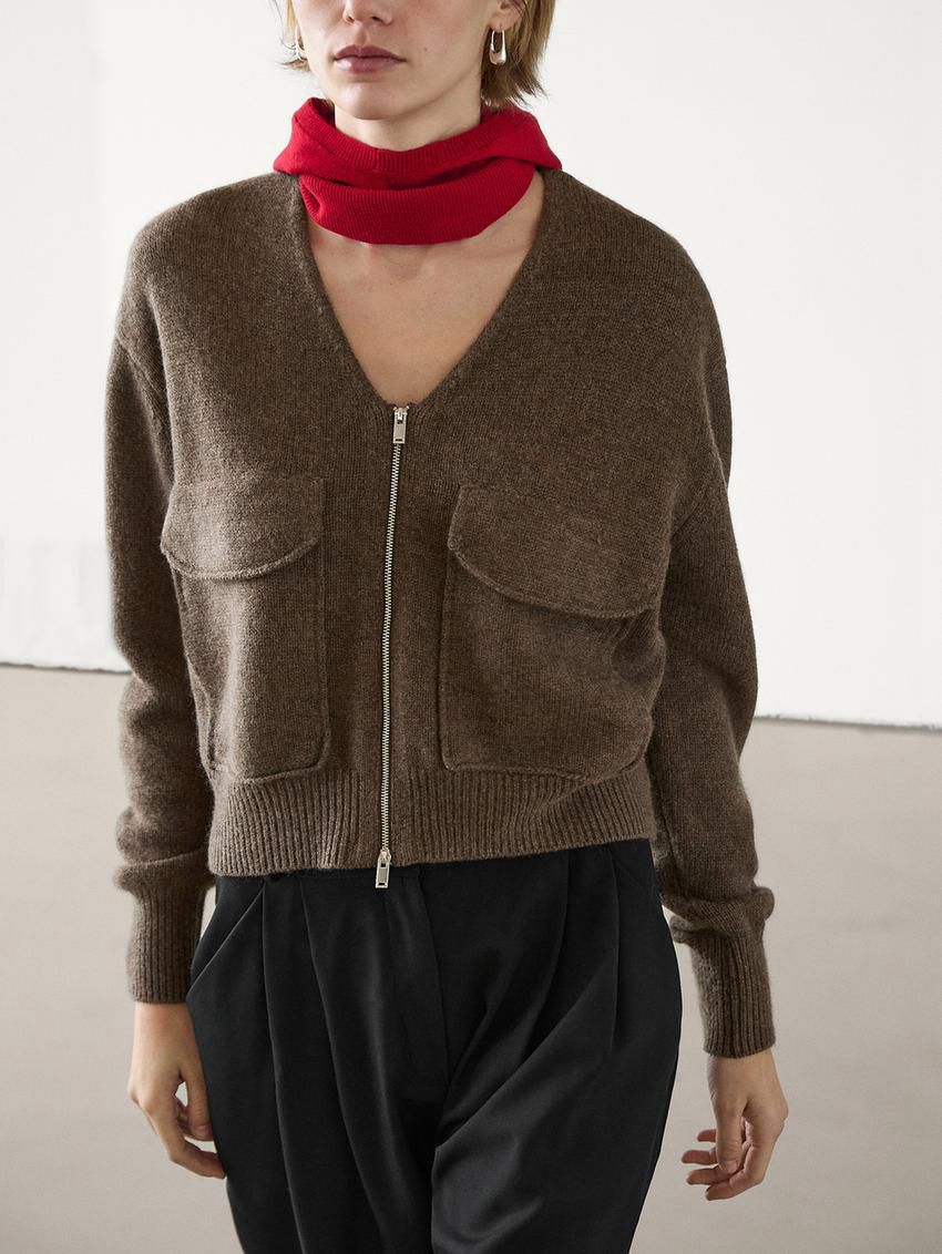 Massimo Dutti Zip-up With Pocket Details Women Cardigan Dark Brown | US-WL8490135