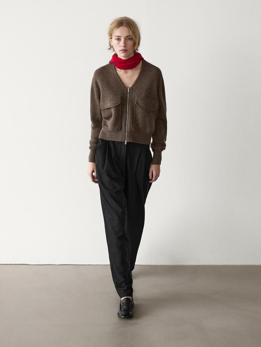 Massimo Dutti Zip-up With Pocket Details Women Cardigan Dark Brown | US-WL8490135