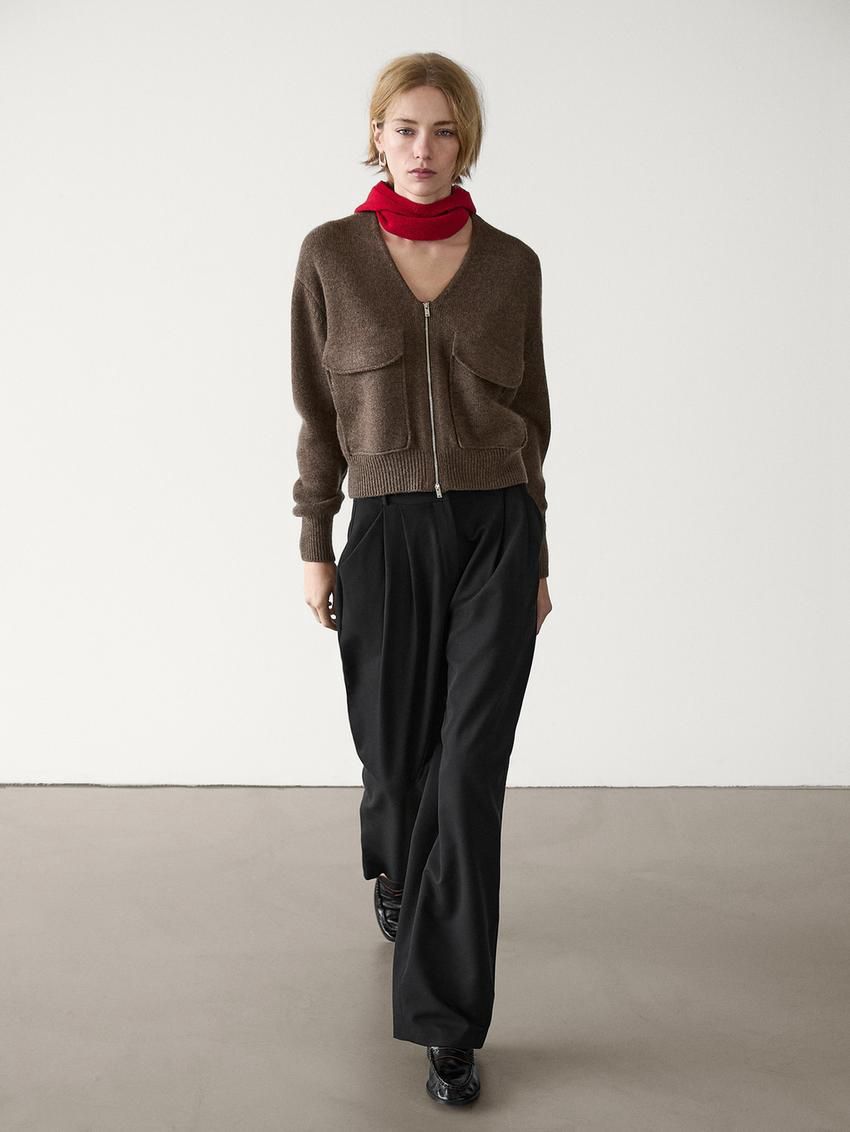 Massimo Dutti Zip-up With Pocket Details Women Cardigan Dark Brown | US-WL8490135