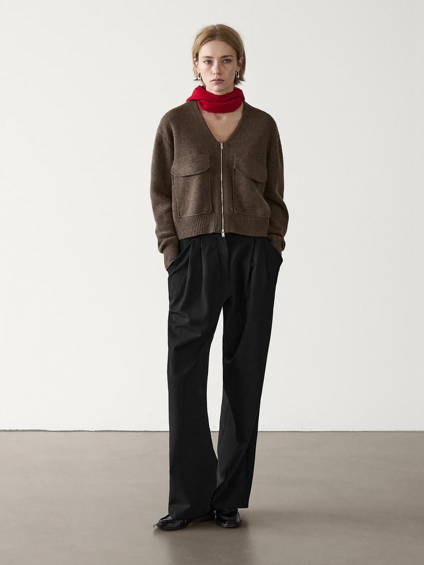 Massimo Dutti Zip-up With Pocket Details Women Cardigan Dark Brown | US-WL8490135